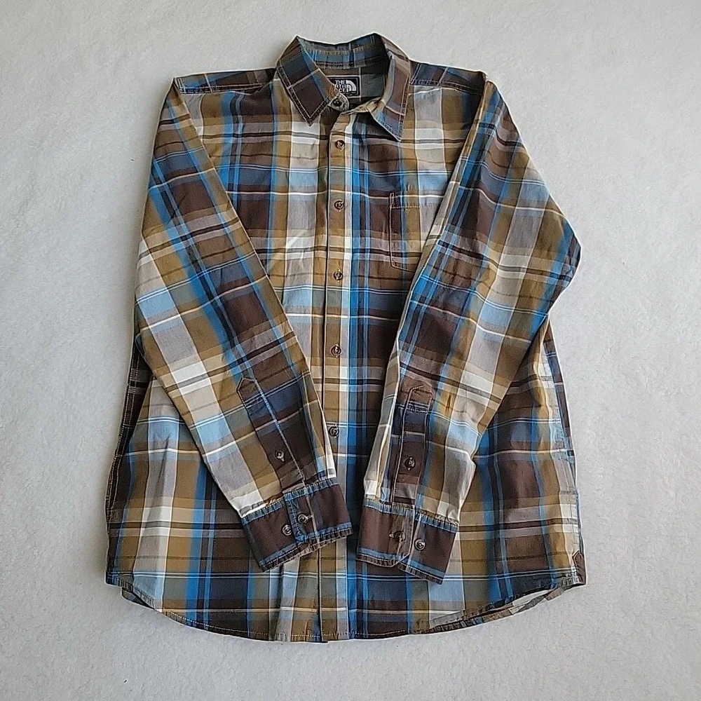 The North‎ Face Shirt Mens Large Blue Plaid Button Up Long Sleeve Outdoor Hiking